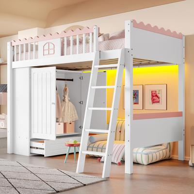 Beliche 90x200 Cama Infantil Menina Cama Juvenil Roupeiro Gavetas Estrutura de Cama LED Estrado Madeira de Pinho Certificado EN747 Branco