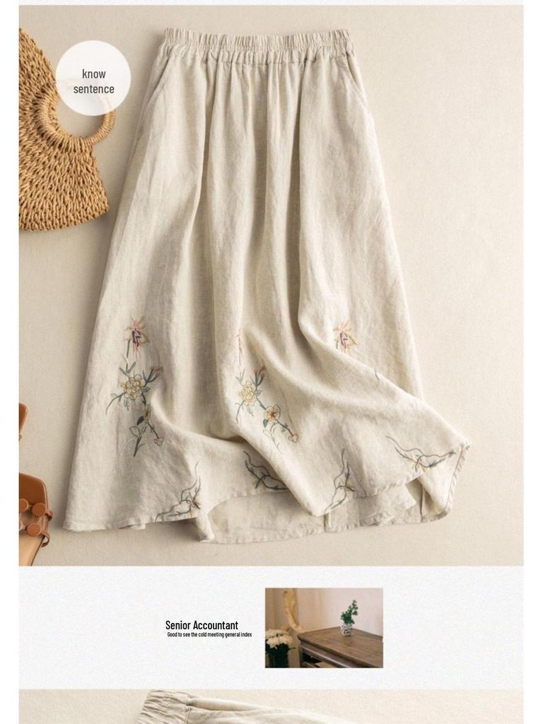 Falda Larga de Algodón y Lino Bordada Retro para Mujer - Slim, Color Sólido, Estilo Verano Combinable 2022