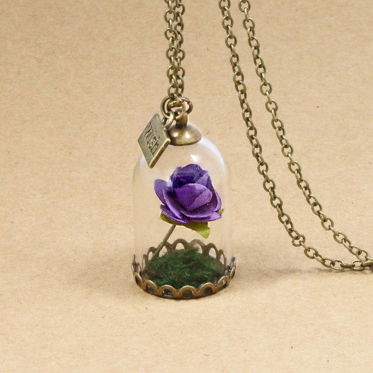Beauty and The Beast Retro Glass Vial Necklace Butterfly Wish Accessories Necklace Red Rose Dried Flower Jewelry for Women Girls