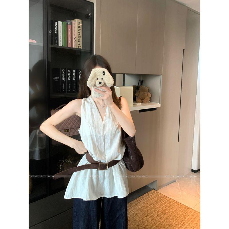 Kumikumi French Style Temperament White V-neck Vest Sling Women Clothes Summer Niche Versatile Waist Hugging Slimming Top