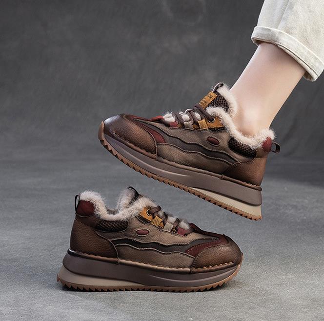 Fashion Genuine Leather Women Boots Lady Platform Flats Plush Warm Causal Autumn Winter Fashion Thick Bottom Sneakers Shoes