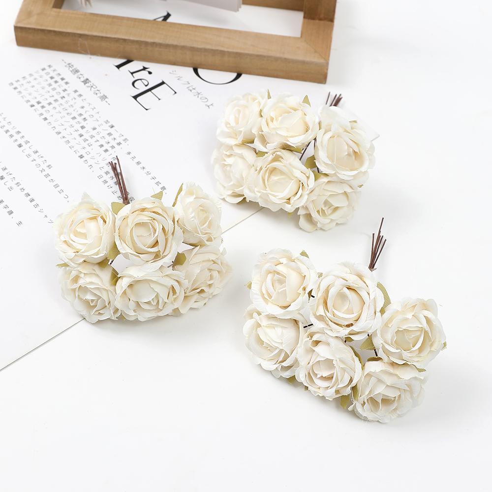 6 szt. Sztuczny Kwiat Mini Bukiet Róż do Dekoracji Domu Weselnego Ręcznie Robiony Scrapbooking DIY Wianki Rzemiosło Sztuczne Kwiaty