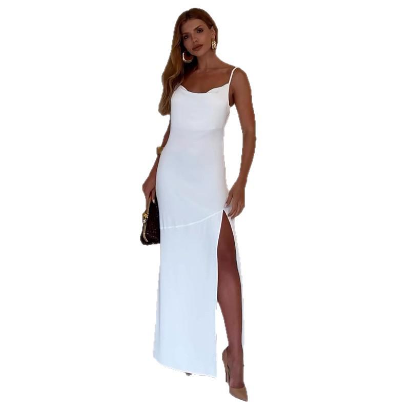 2025 Autumn Women's Solid Color Sleeveless Backless Slit Spaghetti Strap Dress