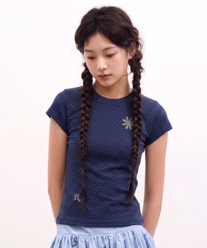 Damiswi Flower Symbol Polka Dot Short Sleeve T-Shirt_Navy