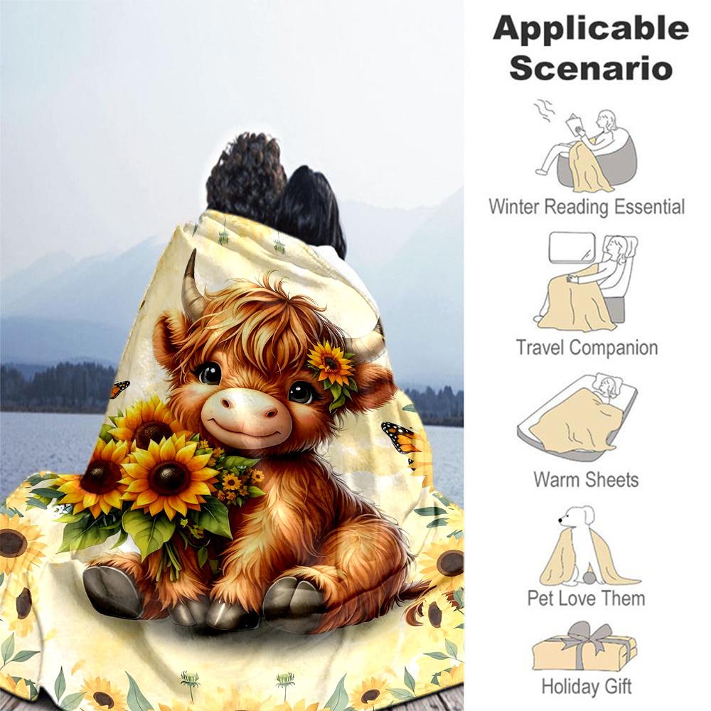 1PC cowflowerOutdoor Flannel Blanket - Soft Plush Decor for Picnics, Camping, Bedroom, All-Season Cozy Gift for Christmas, Lightweight 1368A