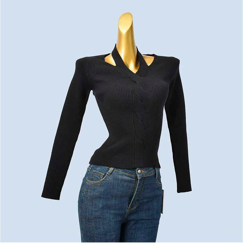 Classy Stylish Chic Short Bottoming Shirt Silm Women's Autumn and Winter Long Sleeves Knitted All-Matching V-neck Halter Tops