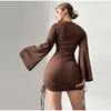 2025 Fashion Women Sexy Bodycon Bell Sleeve Dress Spring Summer New Elegant Slim Fit High Waist Printed Short Skirt