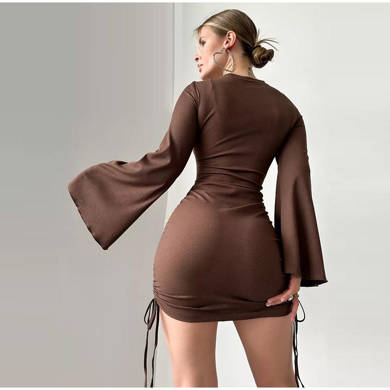 2025 Fashion Women Sexy Bodycon Bell Sleeve Dress Spring Summer New Elegant Slim Fit High Waist Printed Short Skirt