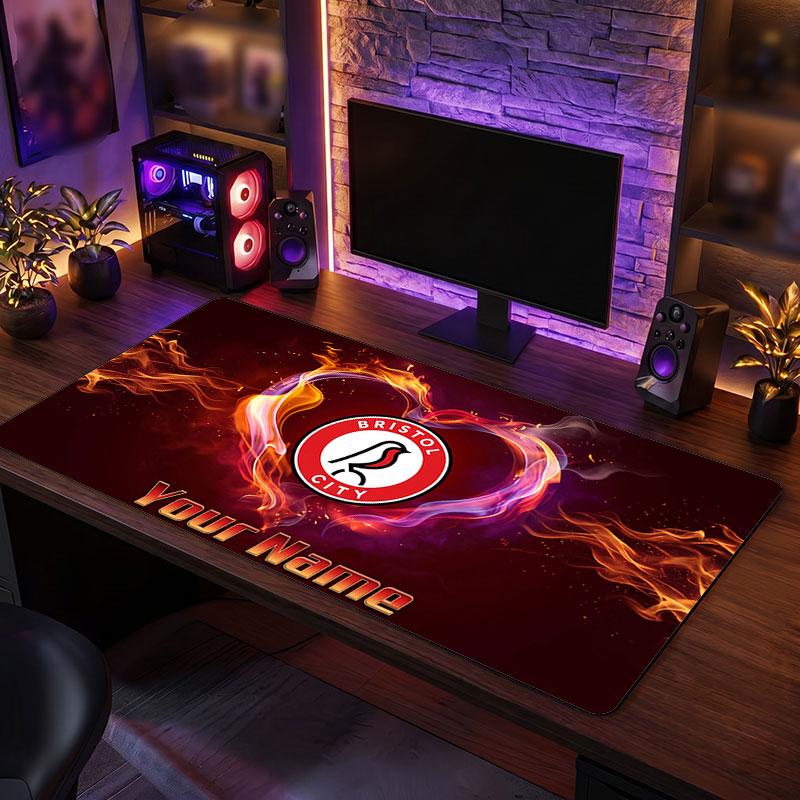 Bristol City Custom Large Mouse Pad, Personalized Name Text Print, Football Logo Non‑Slip Desk Mat Gaming Gift