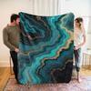 Abstrakte Kunst Fleecedecke Türkisblau Goldenes Marmordesign Weich Atmungsaktiv Ganzjährig Luxusüberwurf für Heimdeko Geschenk