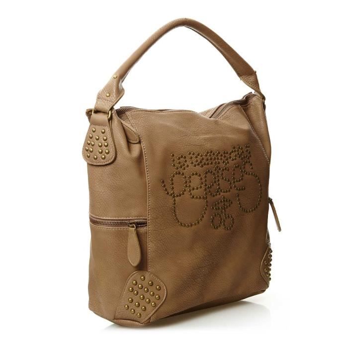 Sac à Main Hobo - LE TEMPS DES CERISES - Beige - Bretelles fixes - Bandoulière amovible - 3 poches extérieures