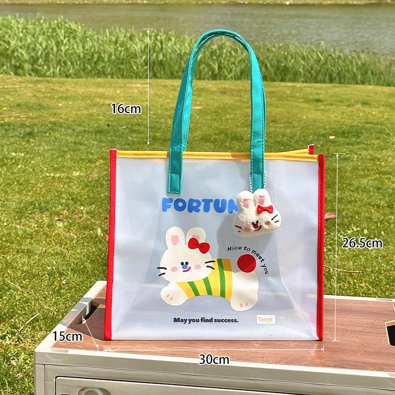 Jelly Beach Bag Waterproof Kawaii Print Pvc Storage Bag Transparent Travel Handbag Shoulder Bag Shopping Bag With Cute Pendant