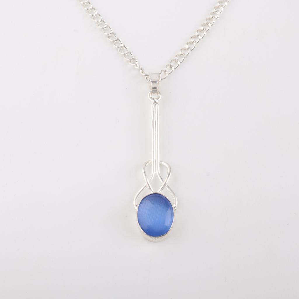 Natural Dark Blue Cat's Eye Gemstone 925 Sterling Silver Jewelry Pendant 1.79" PP-60-45