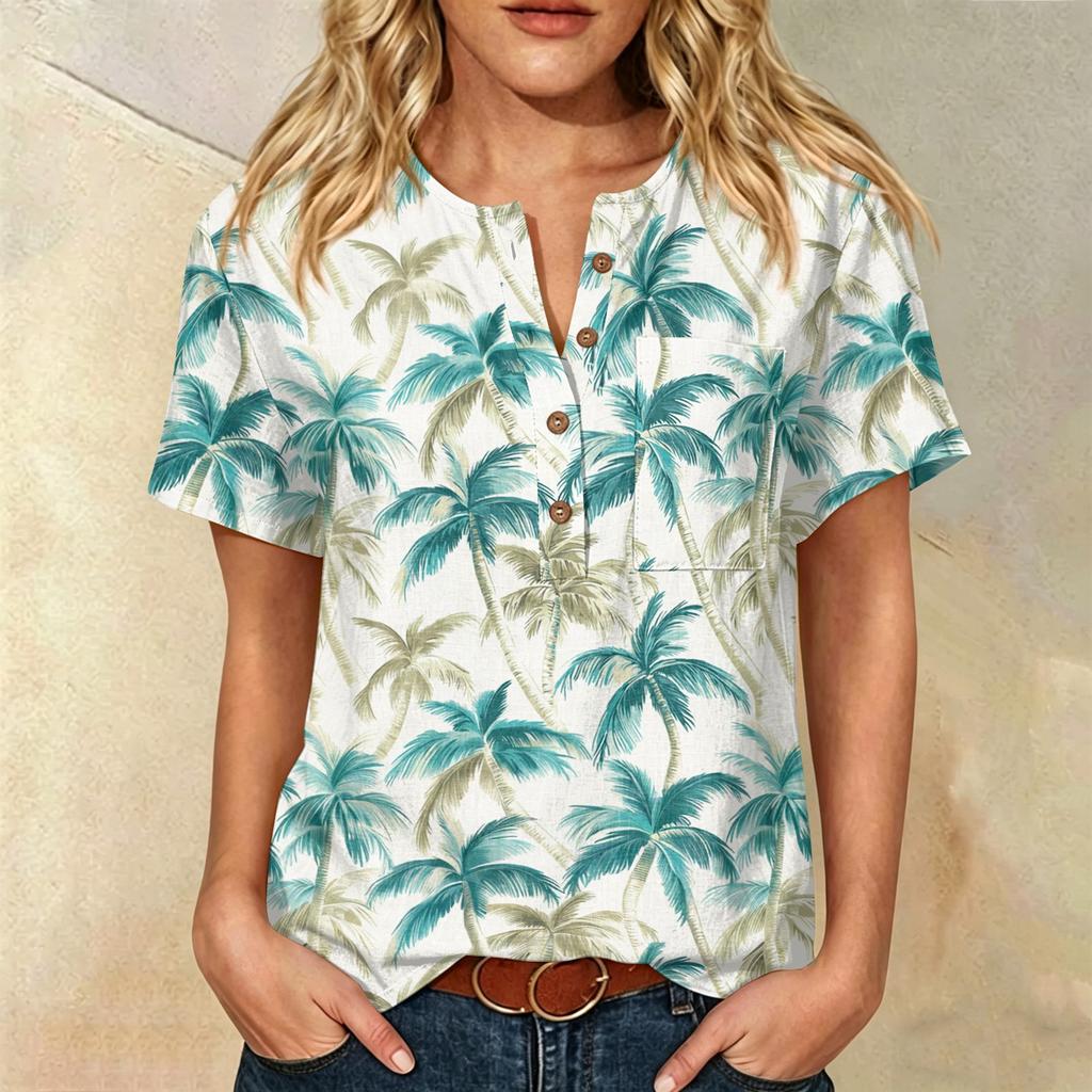 Damen Kurzarm Henley-Hemd mit Brusttasche Leichte Baumwoll-Leinen-Mischung Tropischer Print Lässiges Sommeroberteil