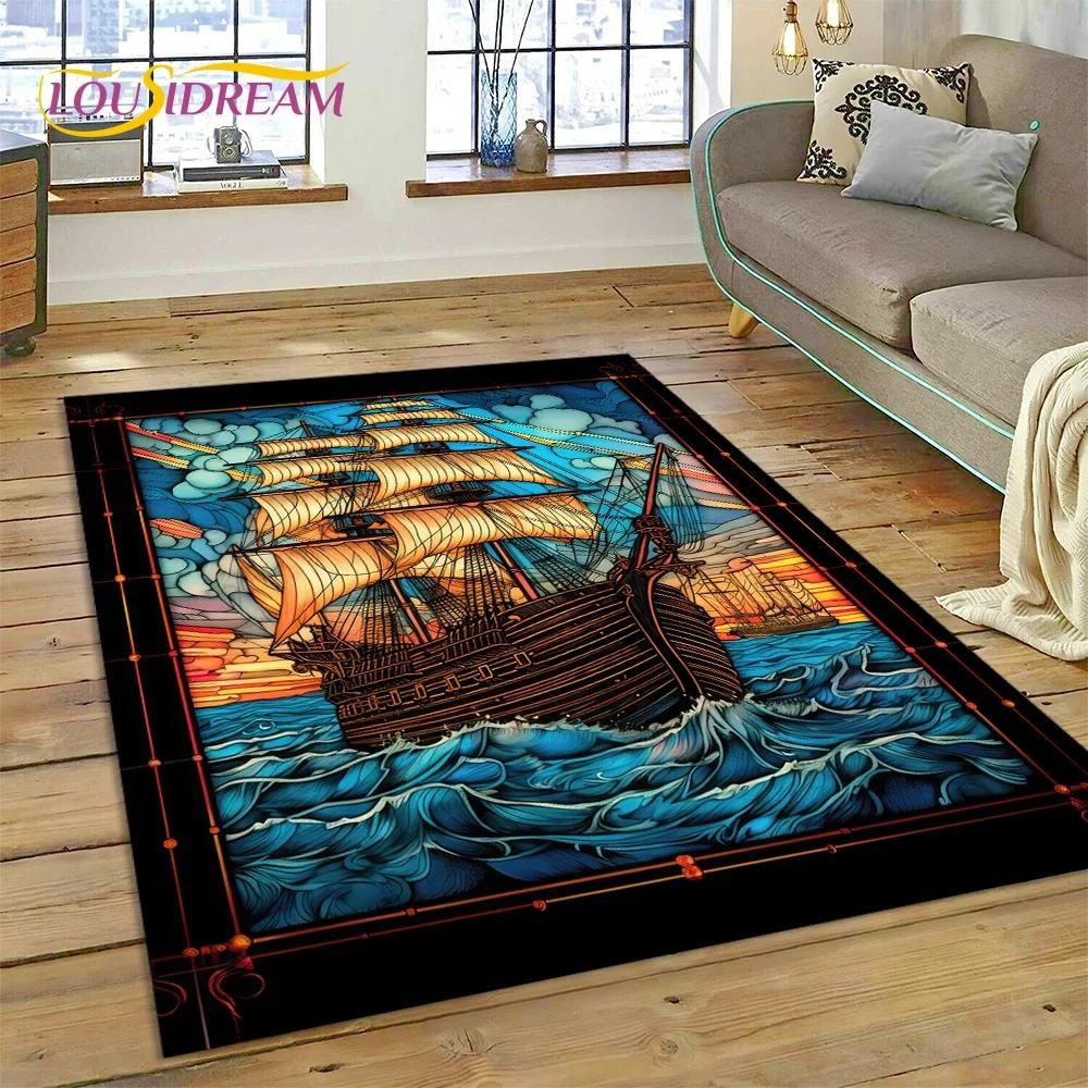 Ancient Pirate Ship Boat,Barque,Sailboa Carpet Rug for Bedroom Living Room Home Sofa Decoration,Child Game Large Decor Floor Mat