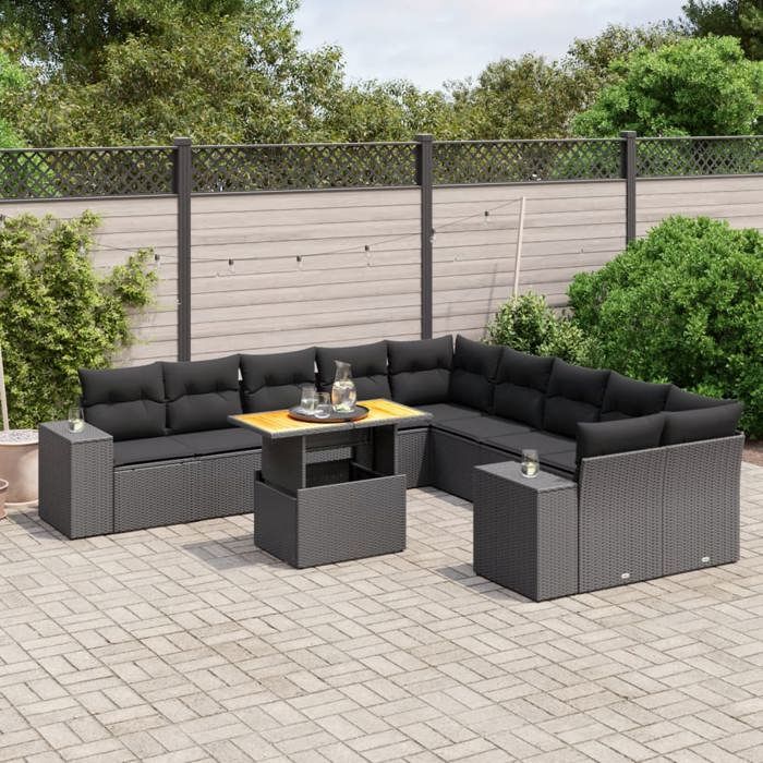VidaXL Salon de Jardin avec Coussins 11 pcs, Canapés de Terrasse, Ensemble de Meubles de Patio, Mobilier d'Extérieur, Noir 3272826