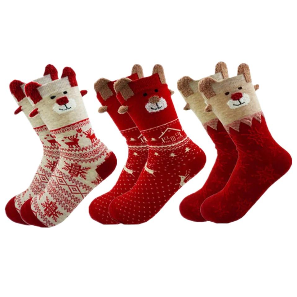 3Pairs/Set New Winter Warm Christmas Socks Deer Elk Xmas kawaii Xmas Socks for Women Girls New Year Gifts Stylish Sokken