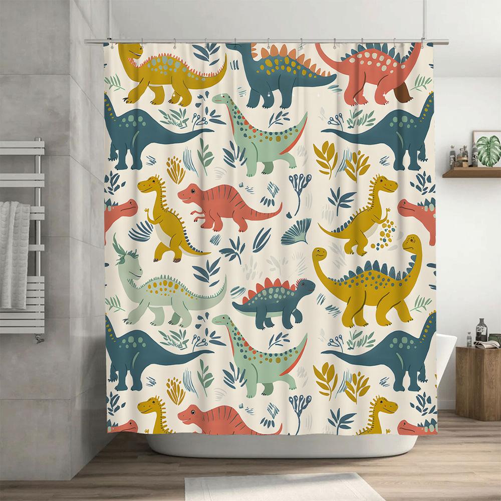 Modern Cartoon Dinosaur Bath Curtains Kids Bathroom Decor Shower Curtain Set In Multicolor for Home Decoration 72x84in (190cm X