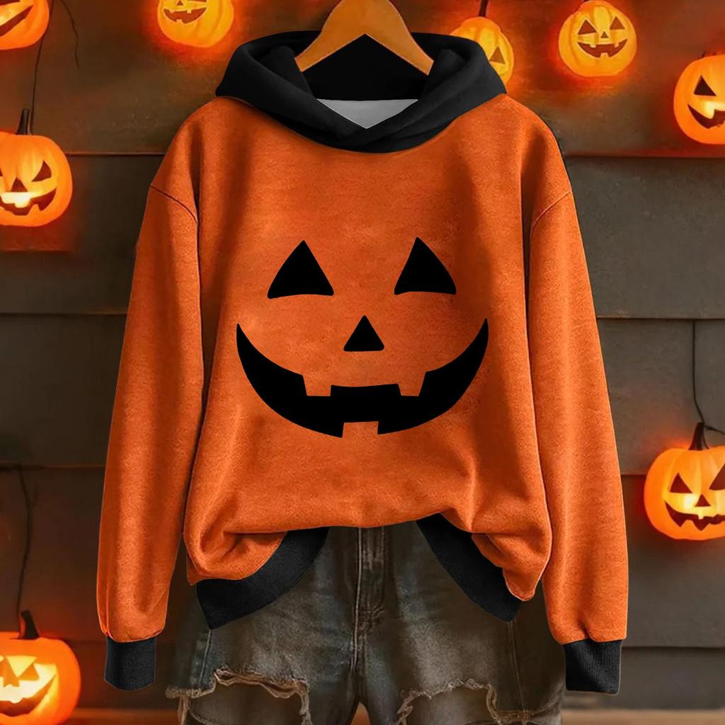 Ladies' Casual And Fashionable Halloween Printed Long Sleeved Hooded Warm Shirt Loose And Comfortable Hoodie