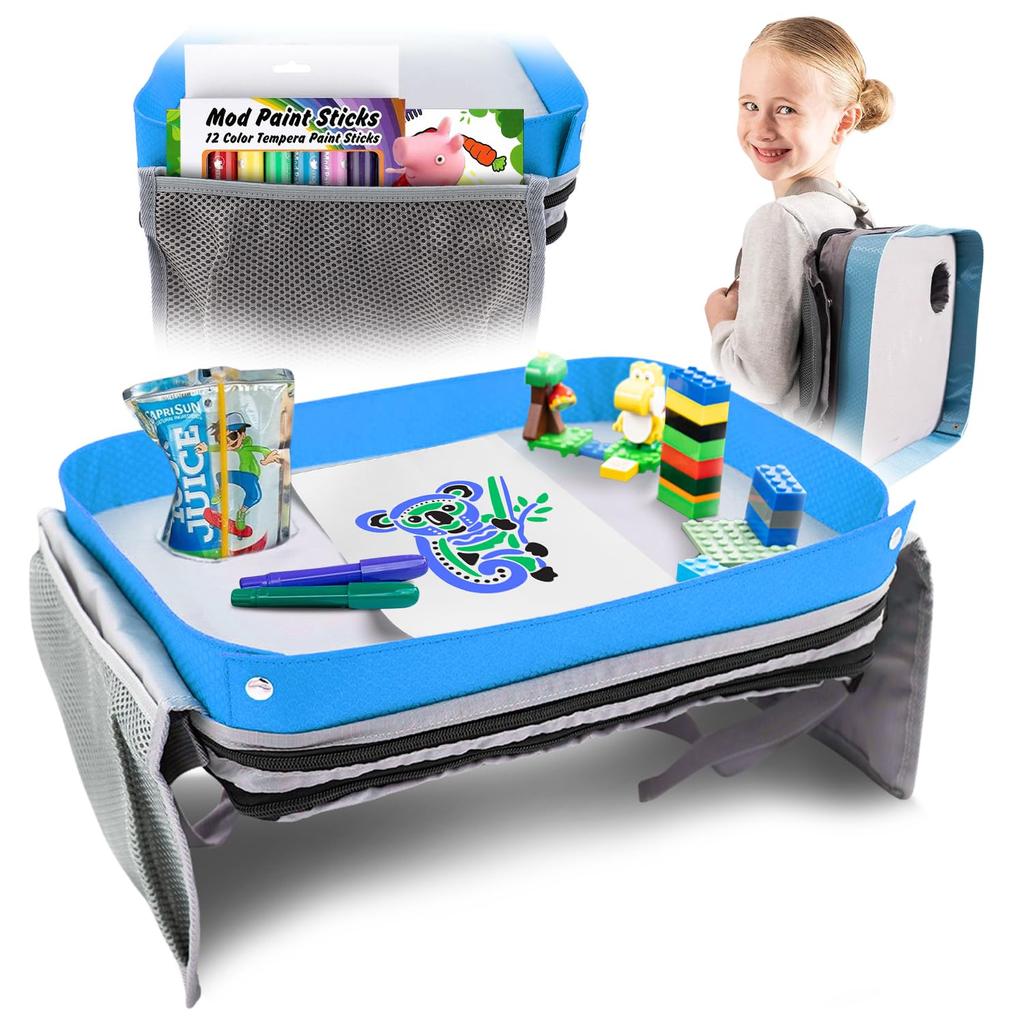 ModFamily Car Child Child Seat Car Back Seat Travel Lap Ages Table, Tray, Table, In-Car Table, Desk, Tray, Blue/Gray, 3+