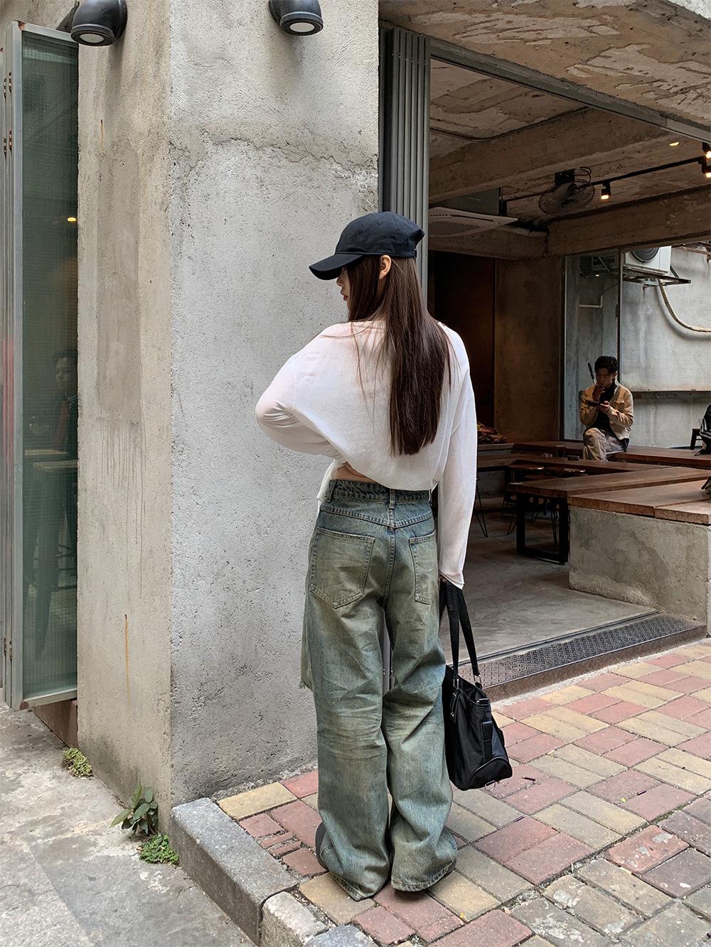 Yuyi 2025 Spring Women s Retro American Street Style Ripped Straight-Leg Jeans (HC1113) XL ( 130 jin) синий