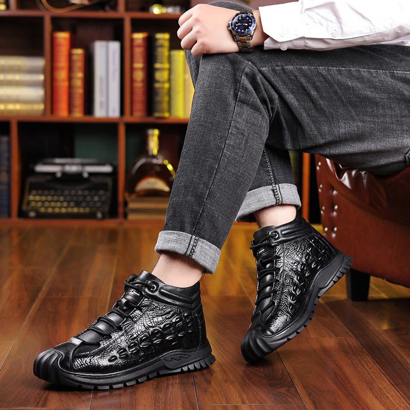Fashion Men's Casual Shoes Fashion Genuine Leather Crocodile Print Sneakers Leather Shoes Luxury Designers Wool Inside Warm Snow Boots