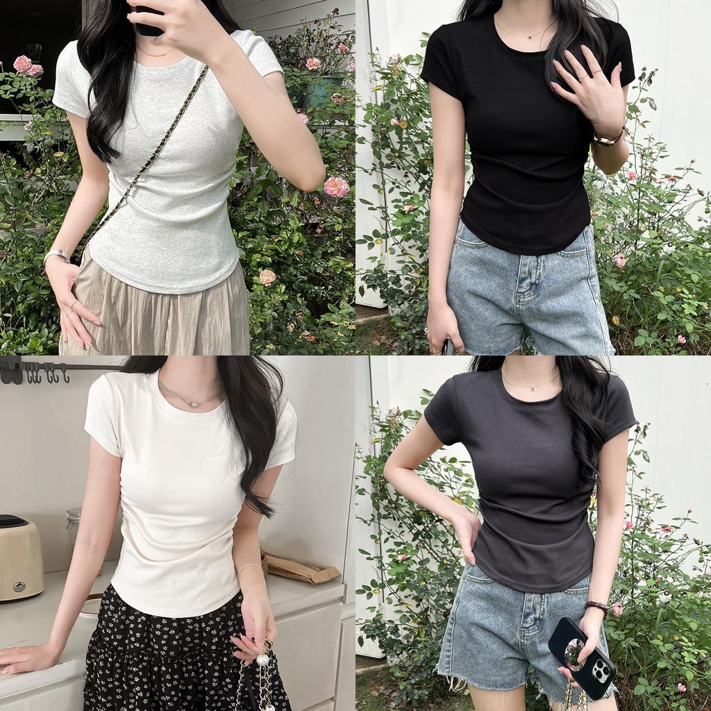 Cotton Short Sleeve T Shirt For Women With Pleated Design And Slim Fit For Casual Wear