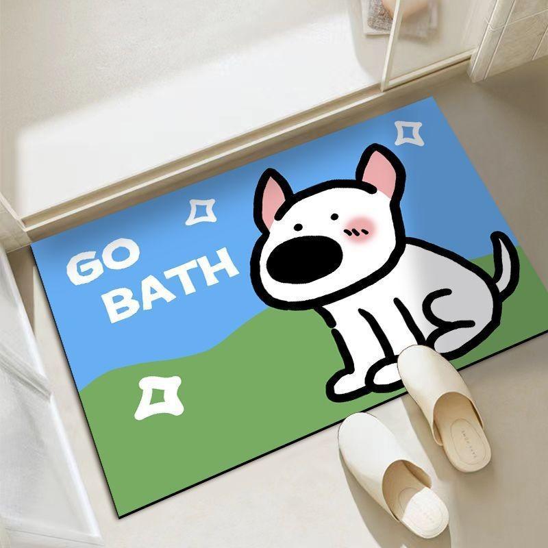 Cute Dog Cartoon Cat Checkered Pattern Diatom Mud Cushion Kitchen Carpet Toilet