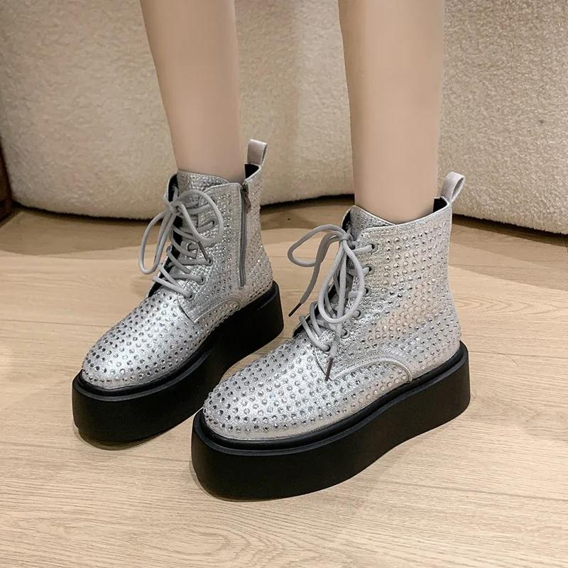 Móda Luxusní Křišťálové Platformové Kotníkové Boty Ploché Dámské Boty Zimní Tenisky 2025 Trend Designér Nové Chelsea Boty Elegantní Botas Mujer