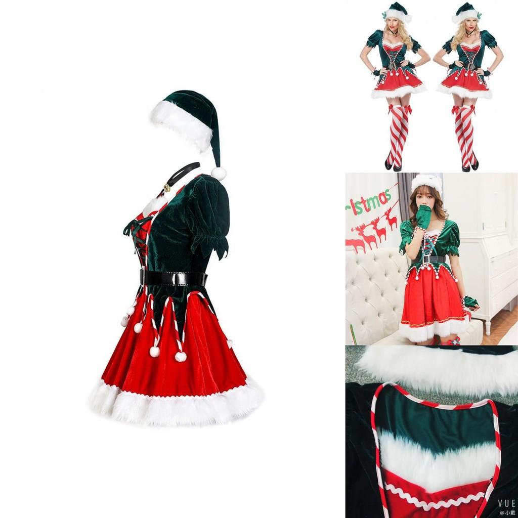 Sexy Green Velvet Santa's Helper Elf Xmas Party Costume With Faux Fur Accents