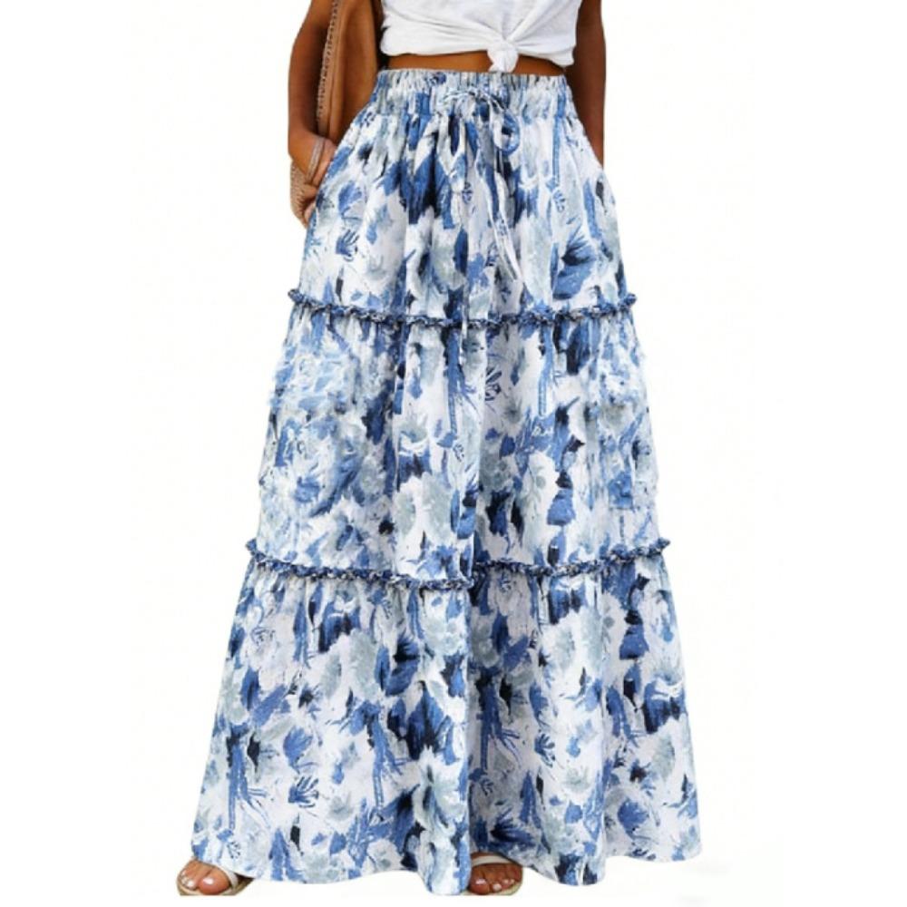 Gonna Lunga da Donna a Balze con Stampa Floreale, Vita Alta Elastica e Coulisse