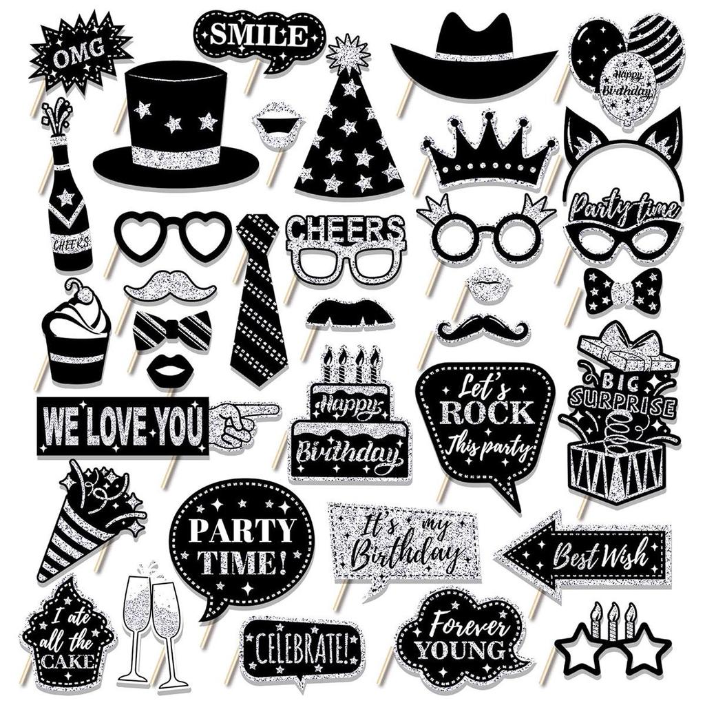Black and Gold Birthday Party Decoration Set - 36-Piece Photo Props