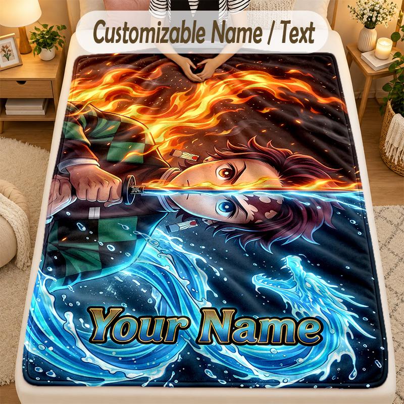 Flannel BlanketDemon Slayer Custom Name Text Personalized Soft Warm Throw Blanket Home Decor Gift