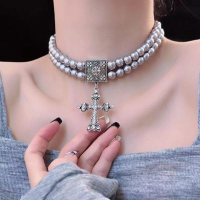 GemChic Collana da Donna Retro Perla Multistrato Catena a Croce Pendente Choker Cool Tide da Donna Regalo di Gioielli per Compleanno Natale