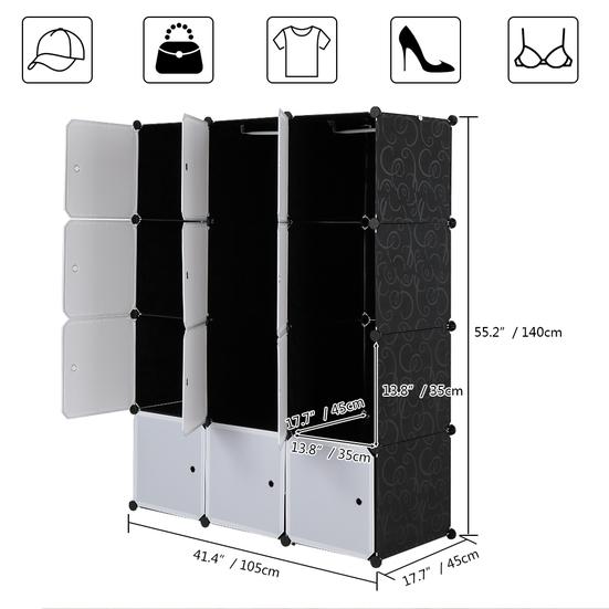 12 Cube Organizer Stackable Plastic Cube Storage Shelves Design Multifunctional Modular Closet Cabinet with Hanging Rod White Doors and Black Panels