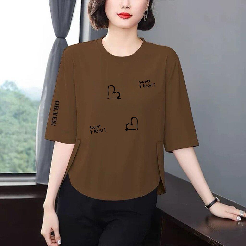 

Women s Casual Love Print Seven-Sleeve T-shirt, Loose Round Neck, Versatile Slimming Design, Age-Reducing Style, 2026 Collection. M