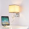 Simple Modern USB Port Charging Wall Lamp Hotel Bedroom Bedside Square Fabric Wall Sconce with Led Spotlight Rocker Switch