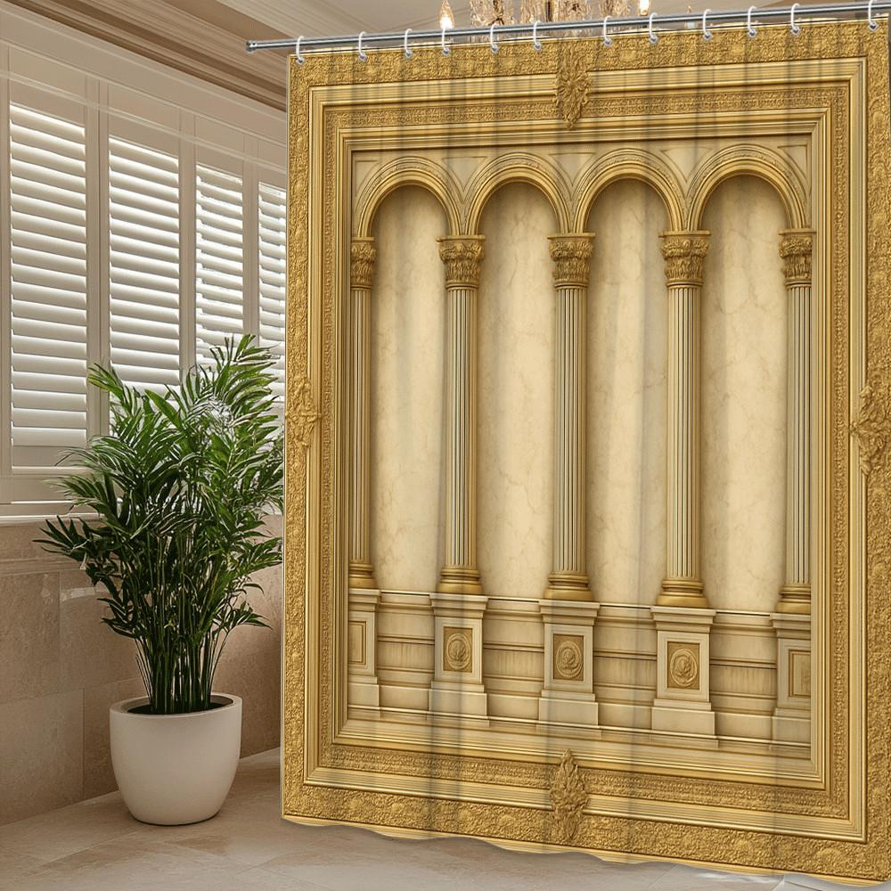 Golden Palace Columns Shower Curtain Classical Arch Design Luxury Royal Architecture Decor Waterproof Free Hooks Included