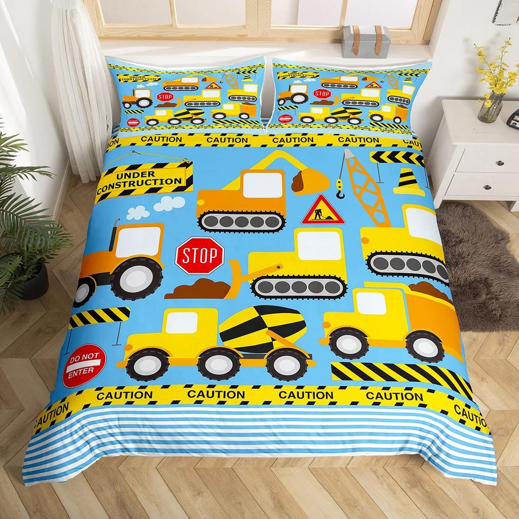 Truck Excavator Bed Cover Collection Queen Size Size Kids-oriented Nursery Cartoon Tractor Engineering Vehicle Construction Theme Bed Linen Collection