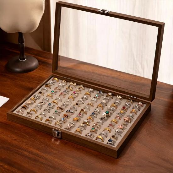 Ring-Aufbewahrungsbox, Langlebiges Holz mit unterteiltem Design, Weiches Samt-Innenfutter, Mehrgitter-Schmuckorganizer, für Ringe Armbänder Ohrringe