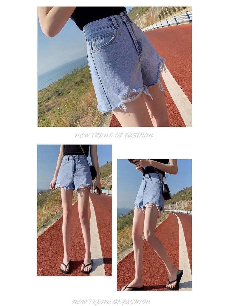 Women's High-Waisted Denim Shorts - Slimming, Versatile, Korean Style, Ripped, Loose, Wide-Leg, A-Line Hot Pants