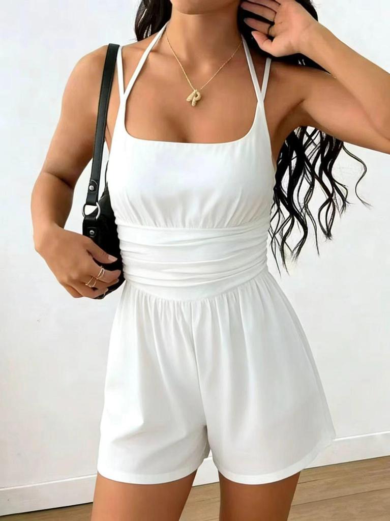 2026 Summer Women's Spaghetti Strap Casual Bandeau Jumpsuit with Wide Leg Shorts