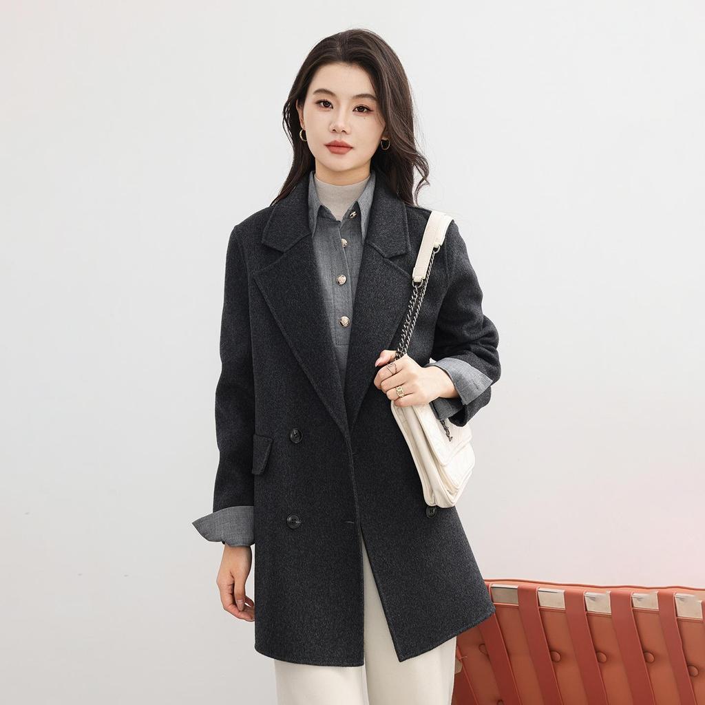 2025 Autumn/Winter Women's Double-Sided Cashmere Coat - Mid-Length, Suit Collar, Korean Style, Age-Defying Elegance