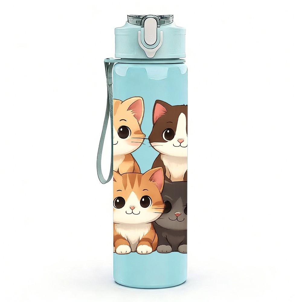 1PC Family Kitten Stack Pattern 750ml Color Plastic Sports Water Bottle Leakproof Flip Straw Lid Suitable for Sports Office Home Use