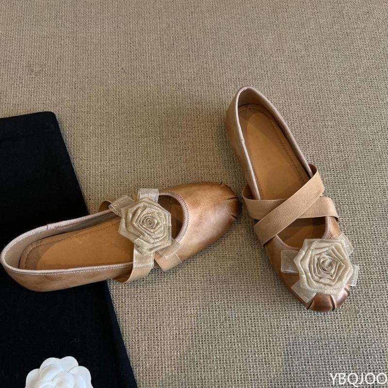 Fashion Women's casual light yellow round toe shoes retro camellia flat bottom cross with shallow mouth simple comfortable single shoe