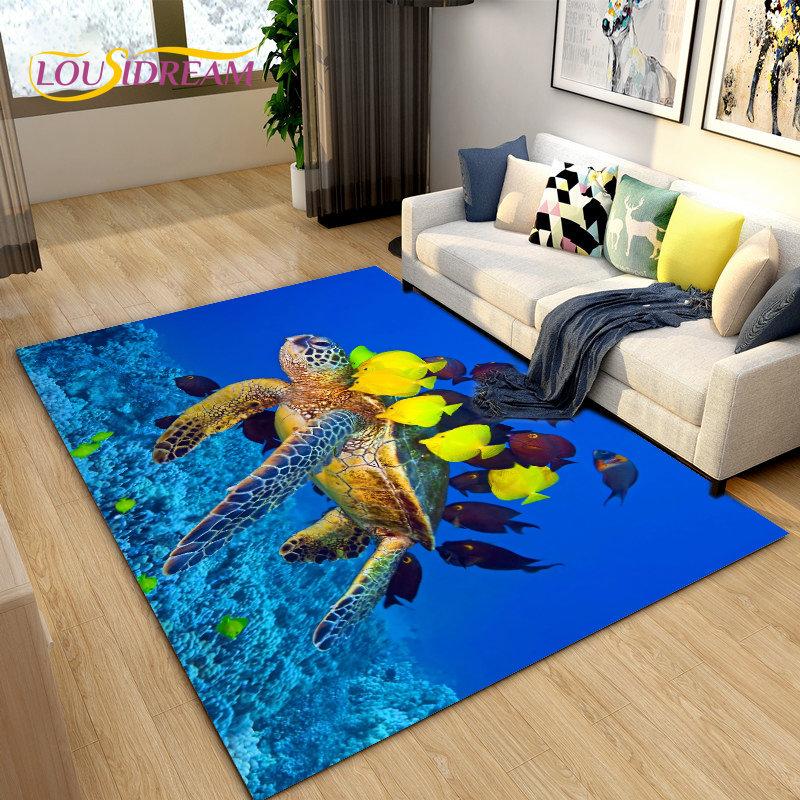 3D Underwater World Sea Turtle Dolphin Area Rug Large,Carpet Rug for Living Room Bedroom Sofa Doormat Kitchen,Non-slip Floor Mat