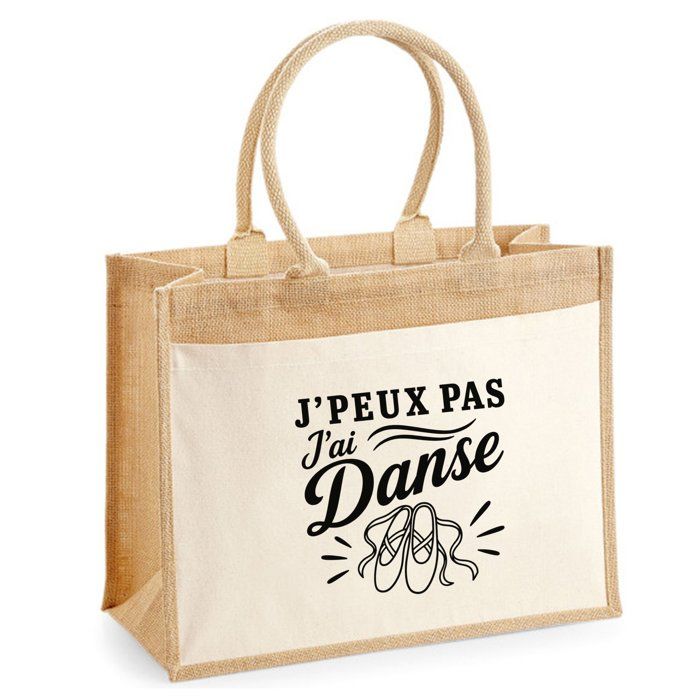 Sac Cabas Jute avec Poche J’peux pas j’ai Danse J'peux pas minimaliste | Toile de Jute et Coton 21 L Fond Plat Anses 65 cm | Marché