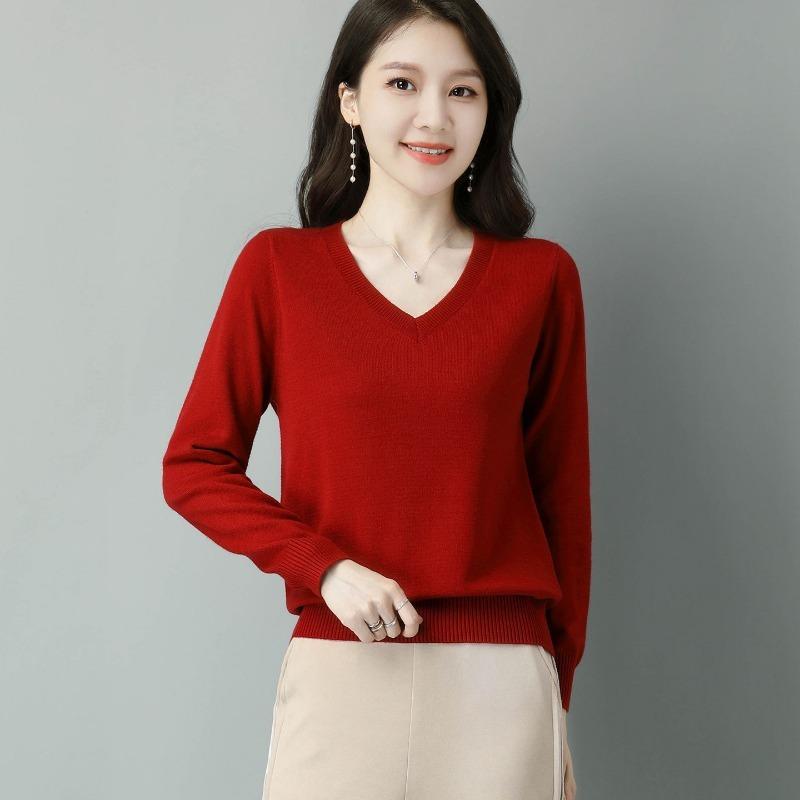 Spring and Autumn New Style V-neck Solid Color Simple Women's Sweater Short Knitted Bottoming Top