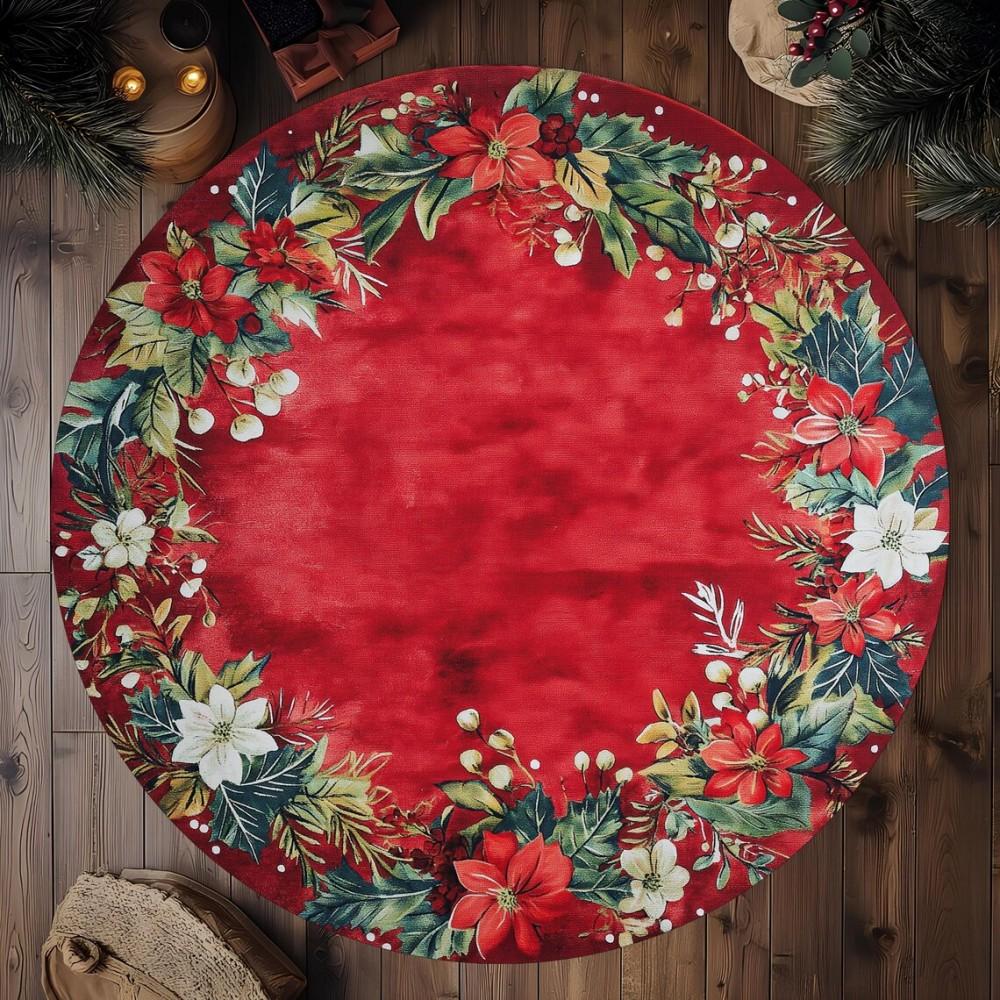 Christmas Poinsettia Floral Area Rugs Non-Slip Washable Round Carpet for Bedroom Living Room Round Rug Holiday Decor Floor Mat