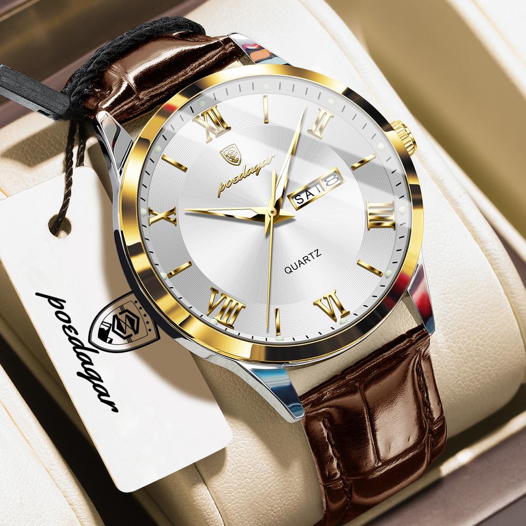 POEDAGAR Top High Quality Man Clock Leather Date Week Quartz Fashion Men Watch Waterproof Luminous Business Casual Men's Watches